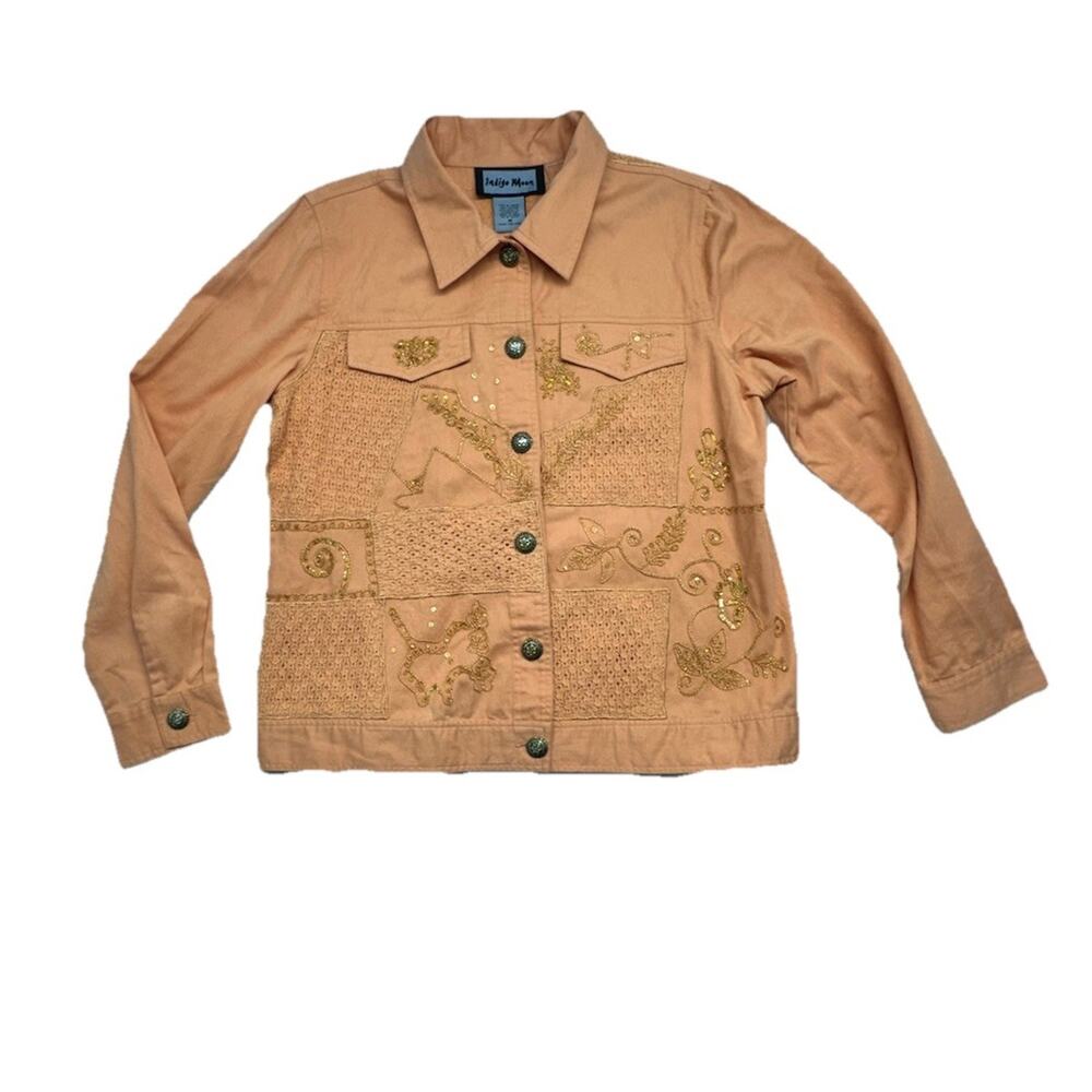 Indigo Moon Womens M Jacket Orange Sequin Embroidery 100% Cotton